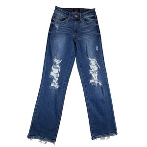 Judy Blue Dad Jean Womens 0/24 Medium Wash Distressed High Rise Raw Hem
